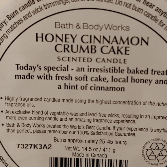 RARE/ HTF/ BATH & BODY WORKS 3 WICK CANDLE IN. HONEY CINNAMON  CRUMB CAKE - Picture 3 of 3